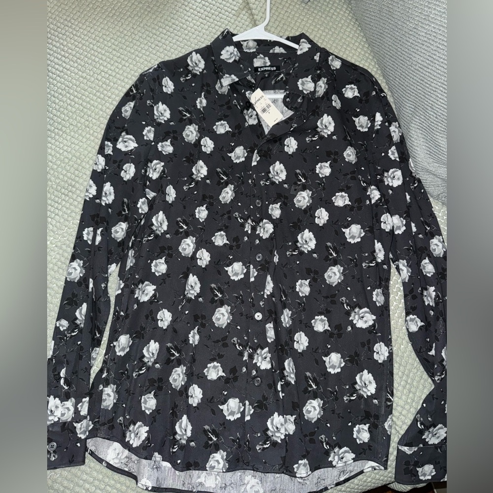 Express gray floral button down dressy shirt for men